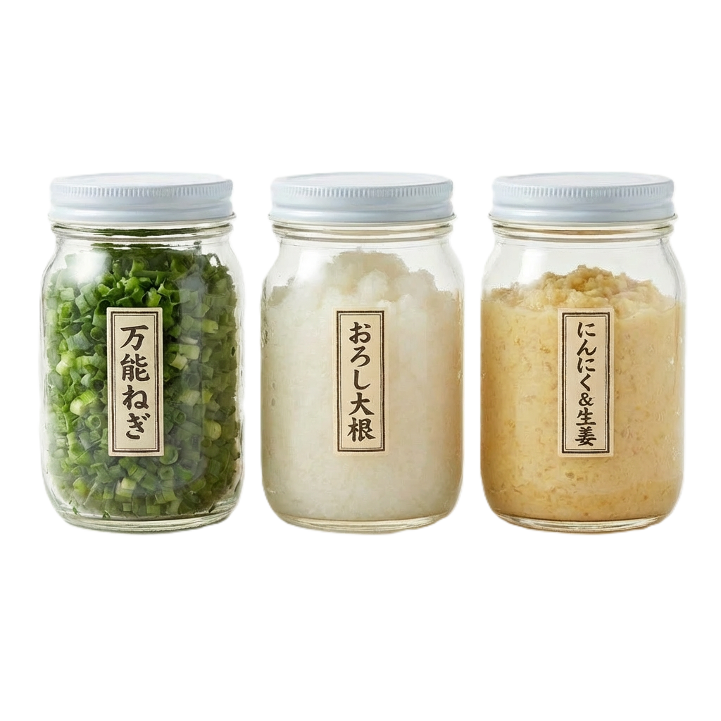 薬味3種セット｜万能ねぎ・おろし大根・にんにく＆生姜